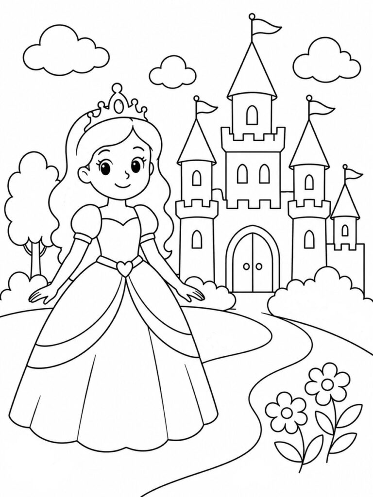 Princesse avec château Coloriage princesse avec château