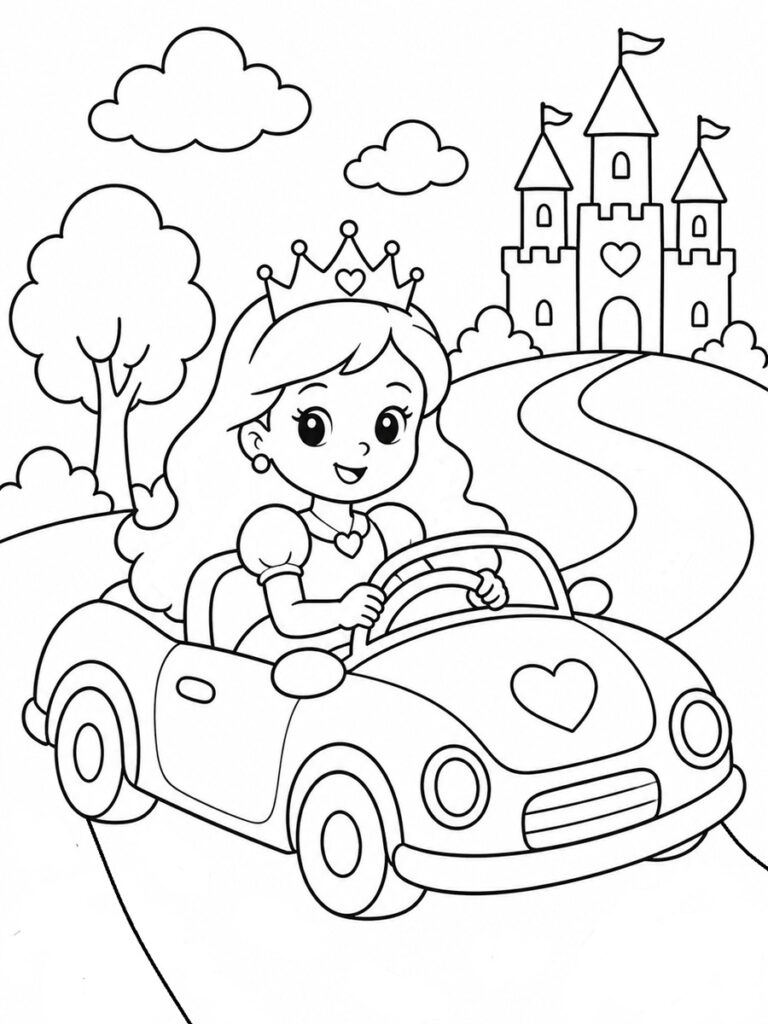 Princesse en voiture Coloriage princesse voiture