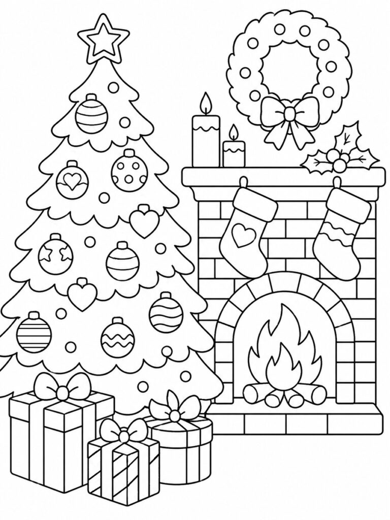 Sapin et cheminée Coloriage sapin et cheminée