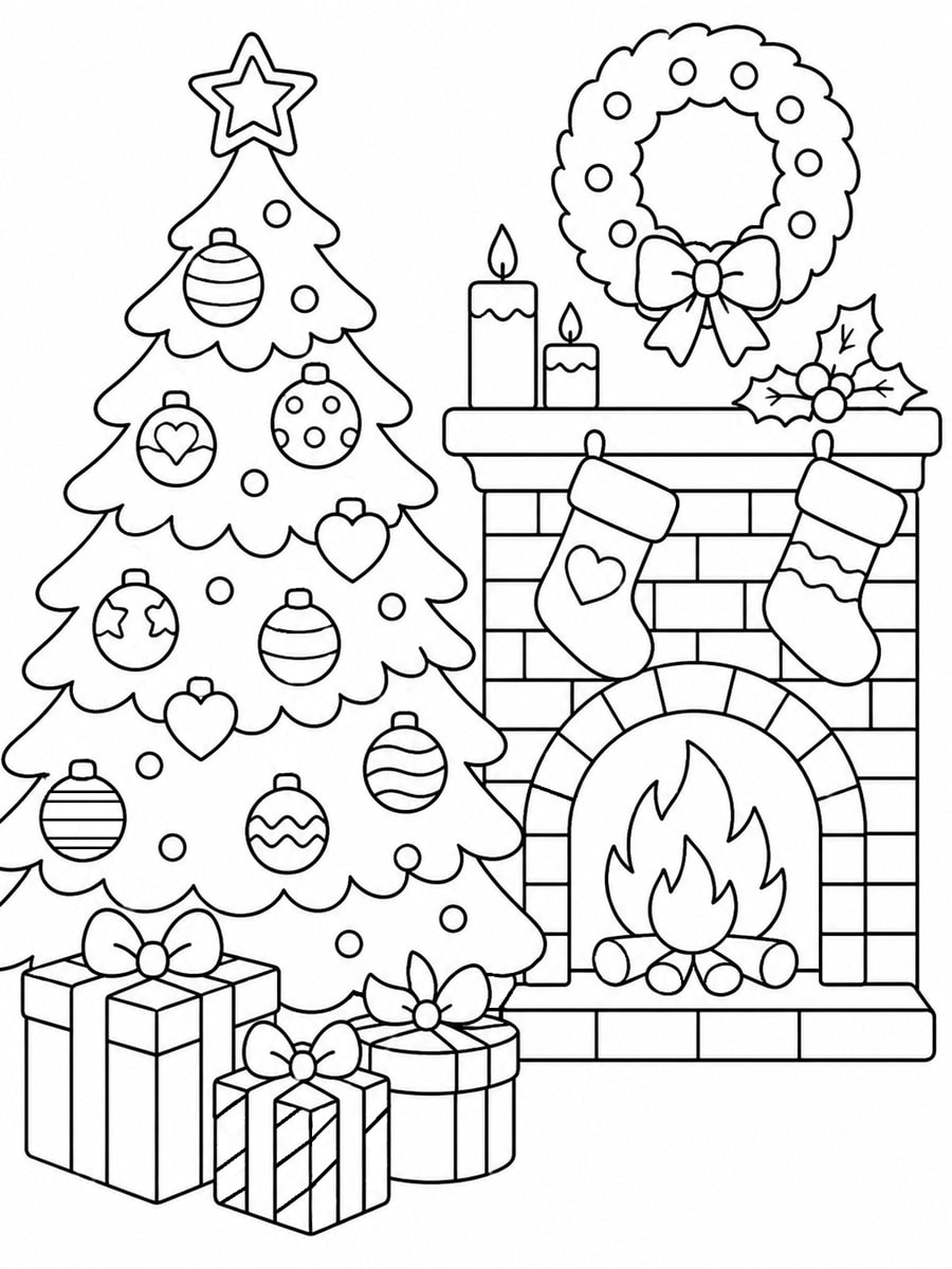 Coloriage sapin et cheminée
