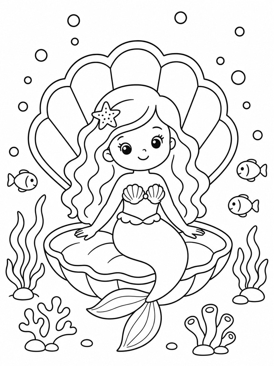 Coloriage sirène dans coquillage