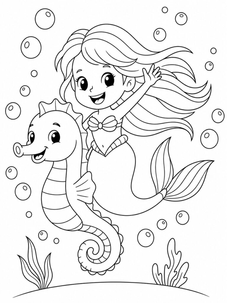Coloriage sirène et hippocampe