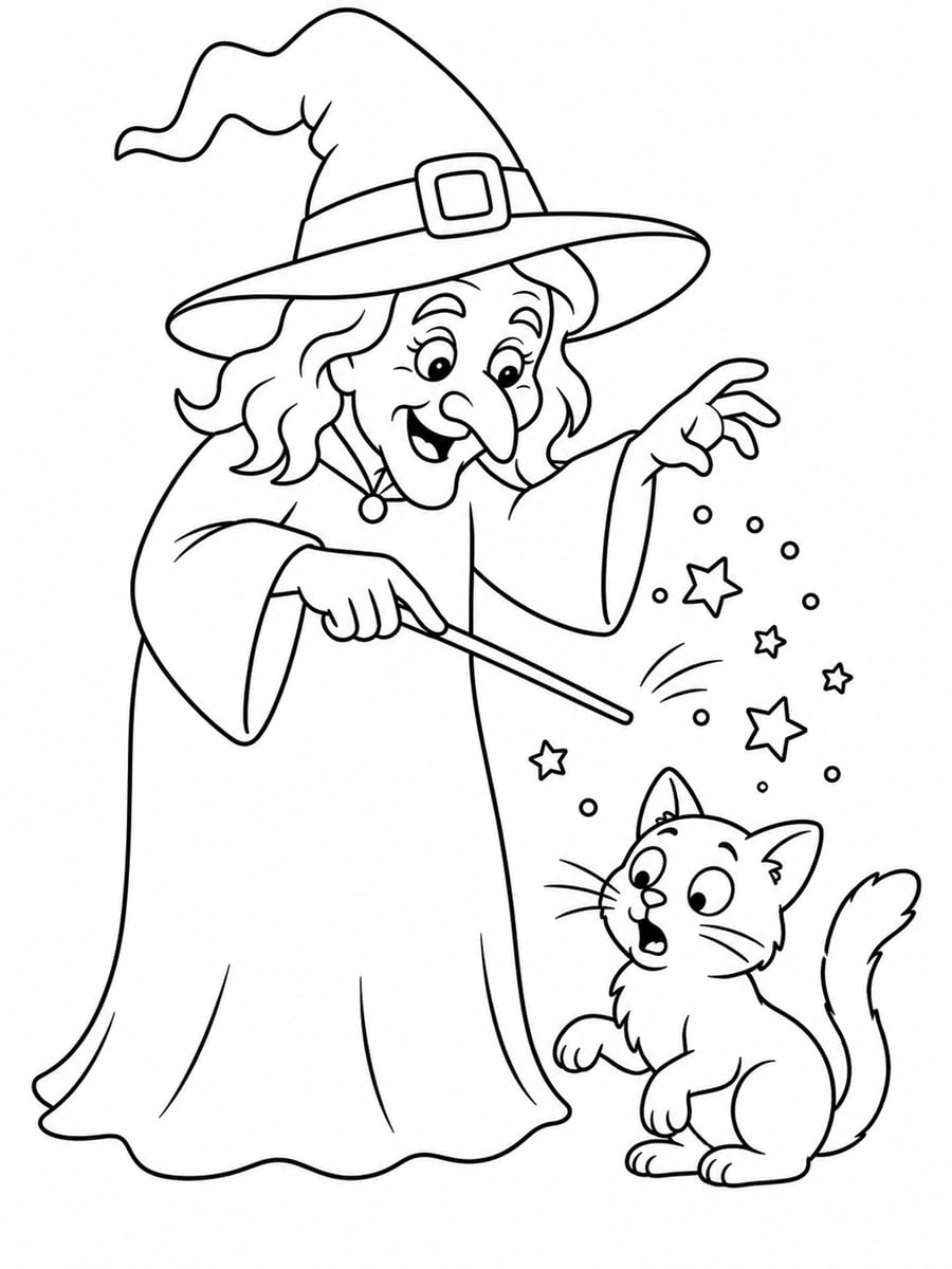 Coloriage sorcière et chat
