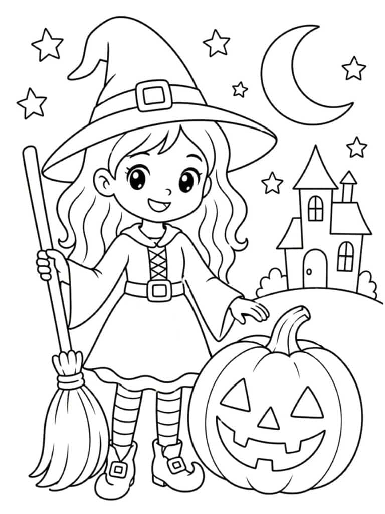 Coloriage sorcière et citrouille