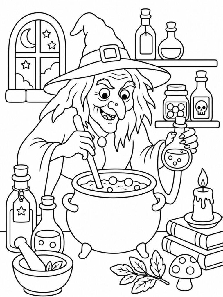 Coloriage sorcière et potion