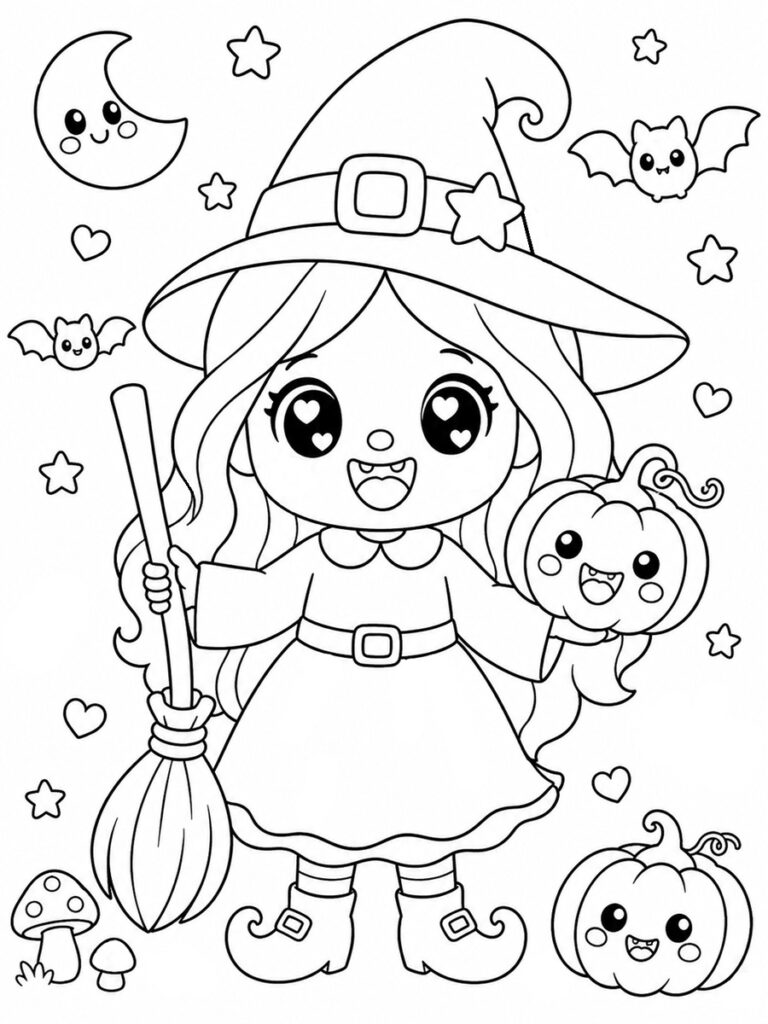 Sorcière kawaii Coloriage sorcière kawaii