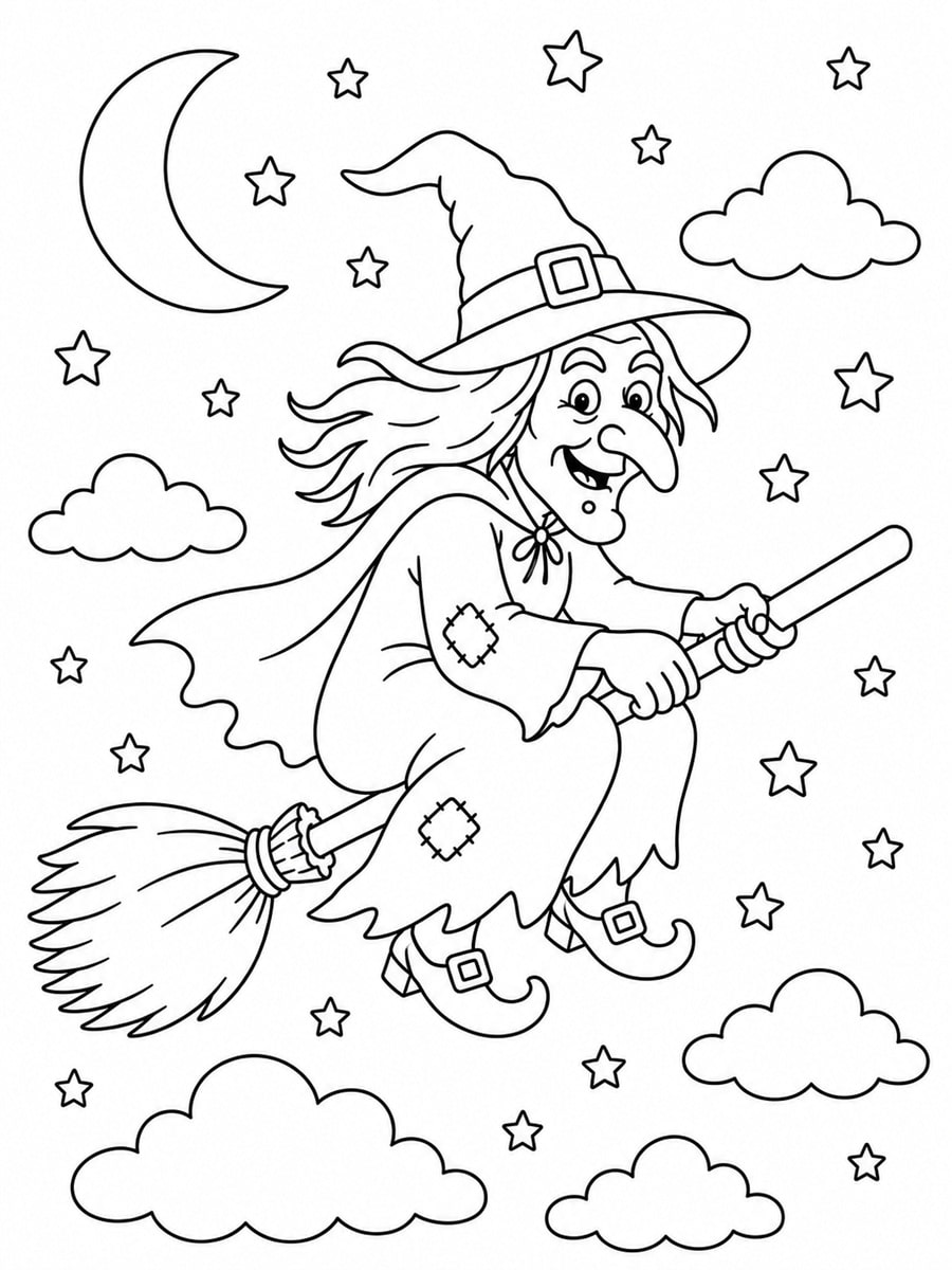 Coloriage sorcière sur son balai