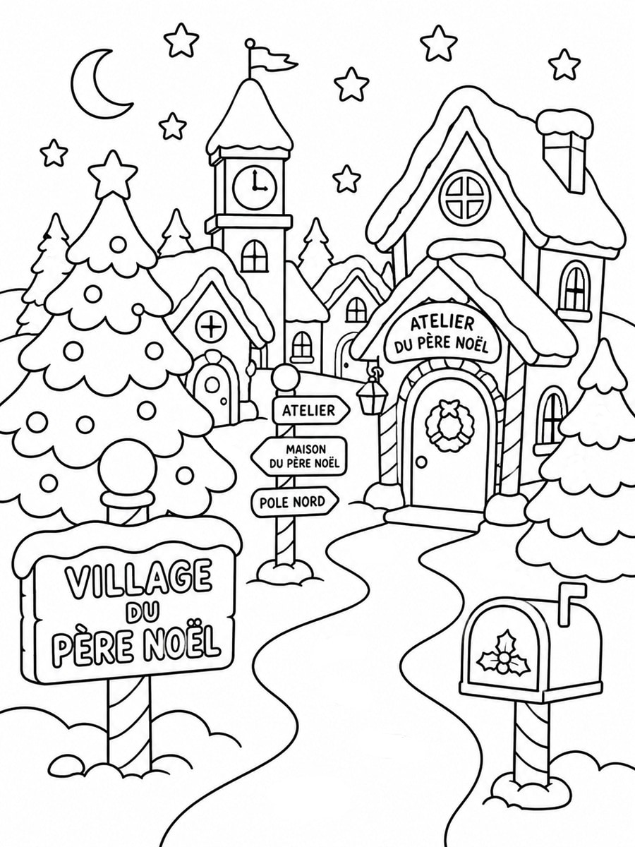 Coloriage village du Père-Noël