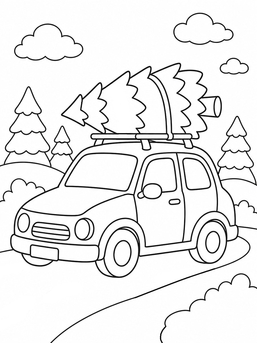 Coloriage voiture avec sapin sur le toit