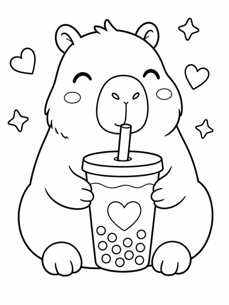 Capybara buble tea Coloriage capybara buble tea