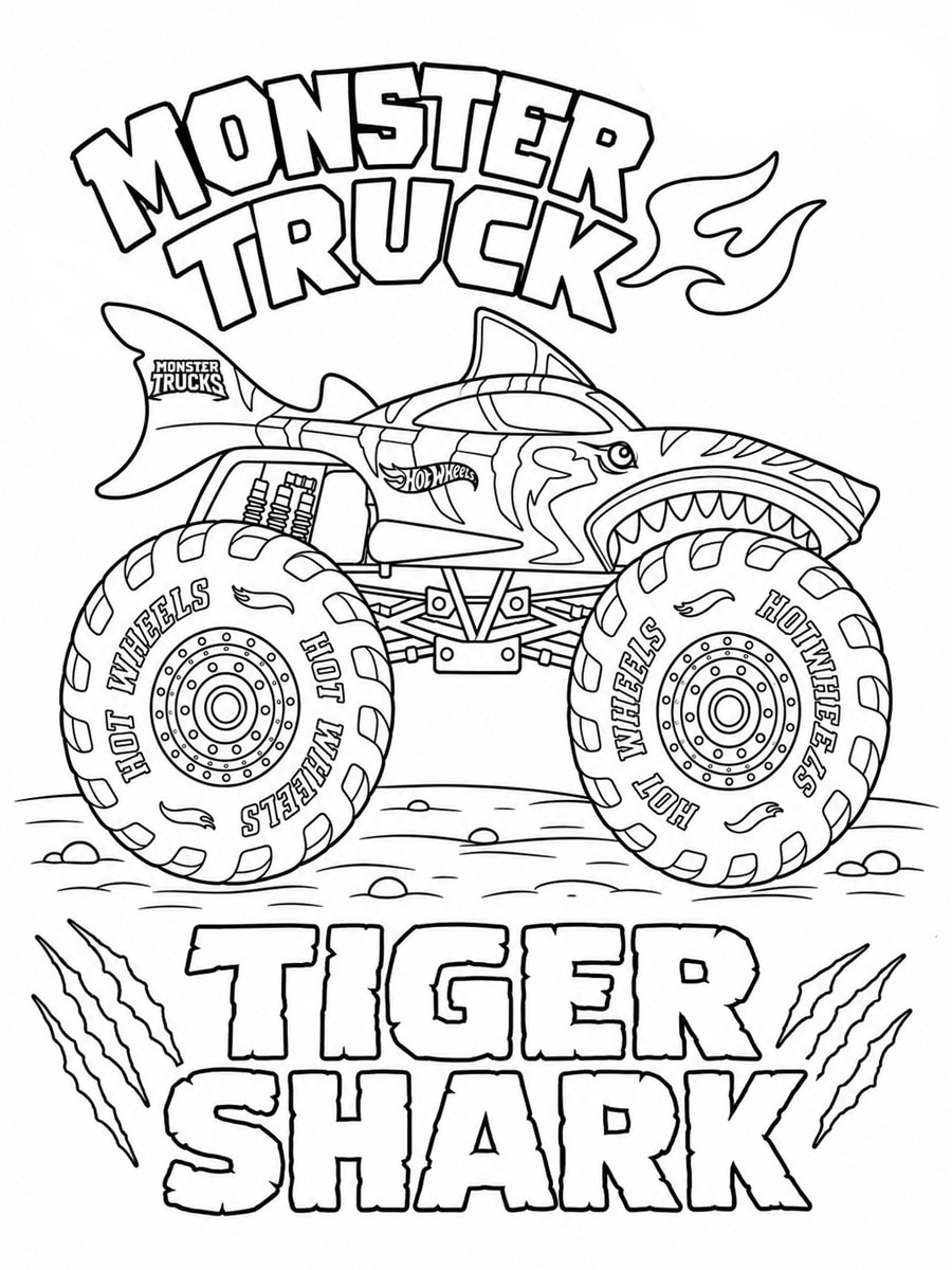 Coloriage Hot Wheels monster truck tiger shark