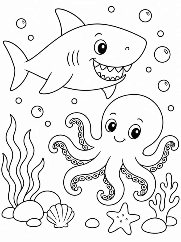 Requin et pieuvre Coloriage requin et pieuvre