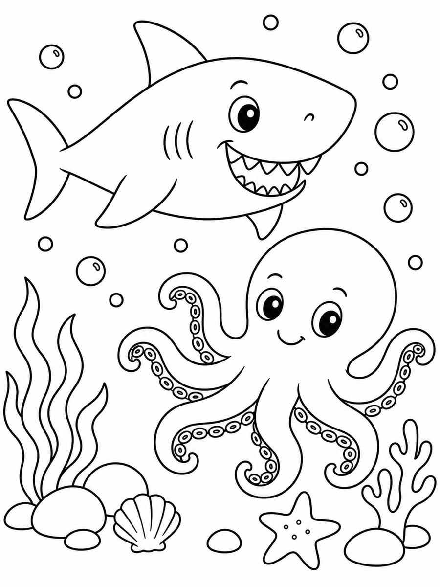 Coloriage requin et pieuvre