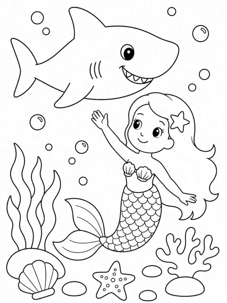 Sirène et requin Coloriage sirène et requin