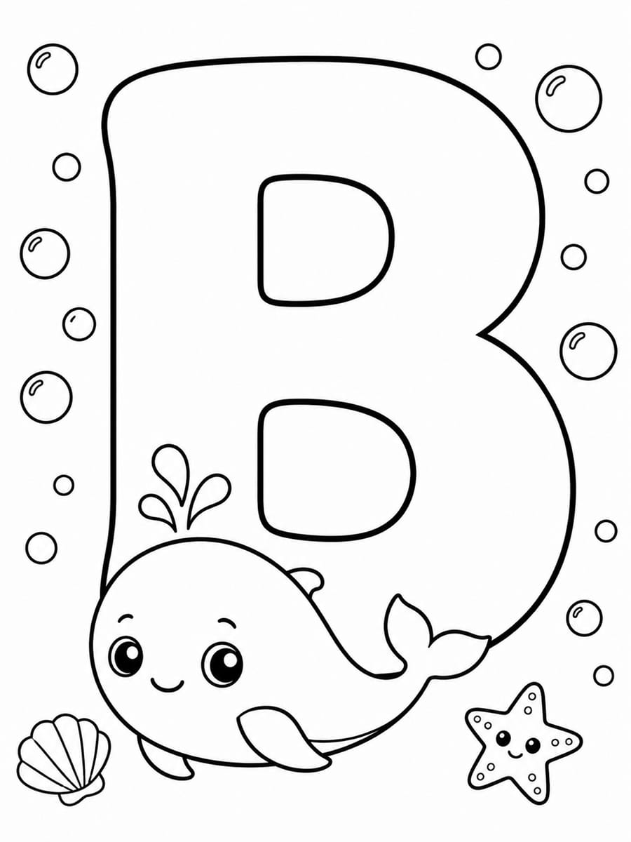 Coloriage lettre B avec baleine
