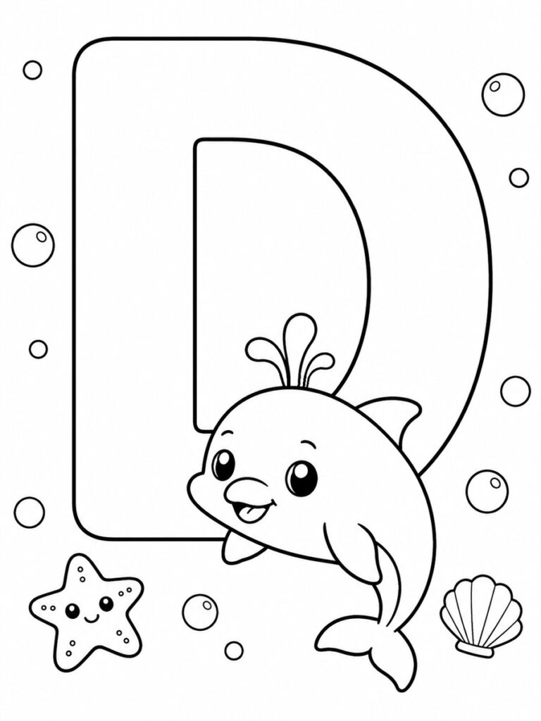 Lettre D avec dauphin Coloriage lettre D avec dauphin