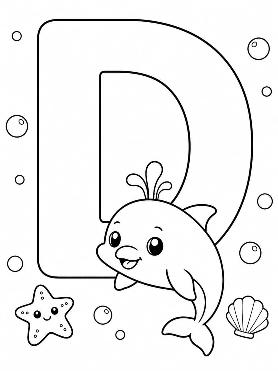 Coloriage lettre D avec dauphin