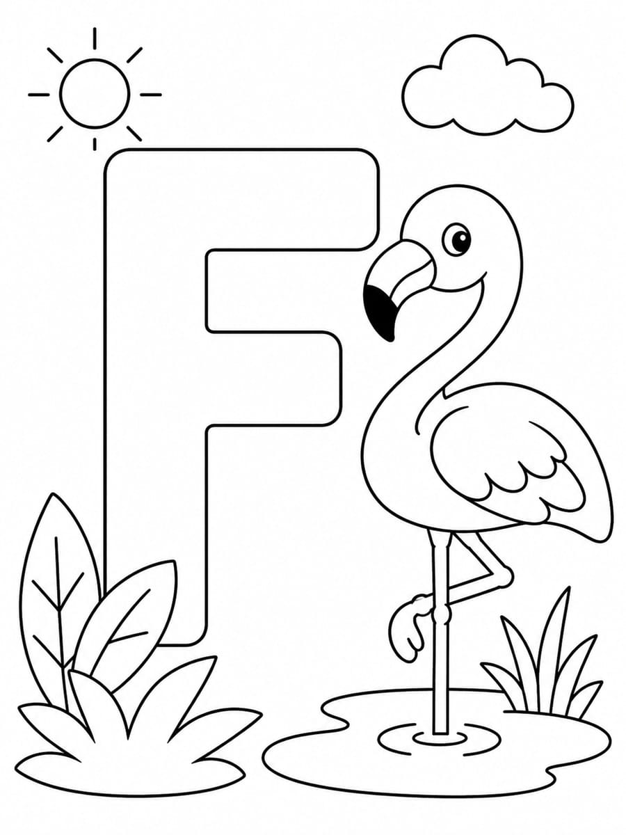Coloriage lettre F avec flamant rose