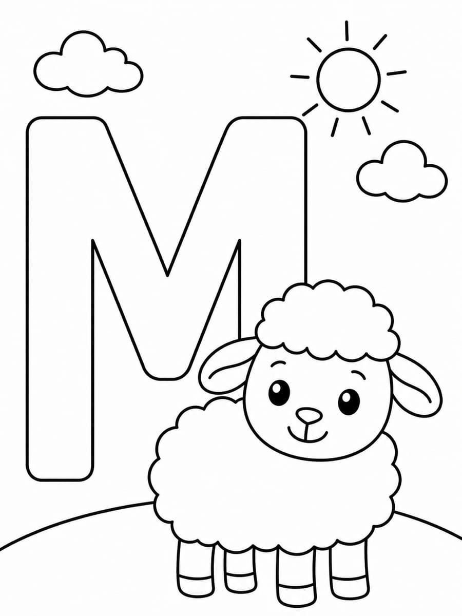 Coloriage lettre M avec mouton