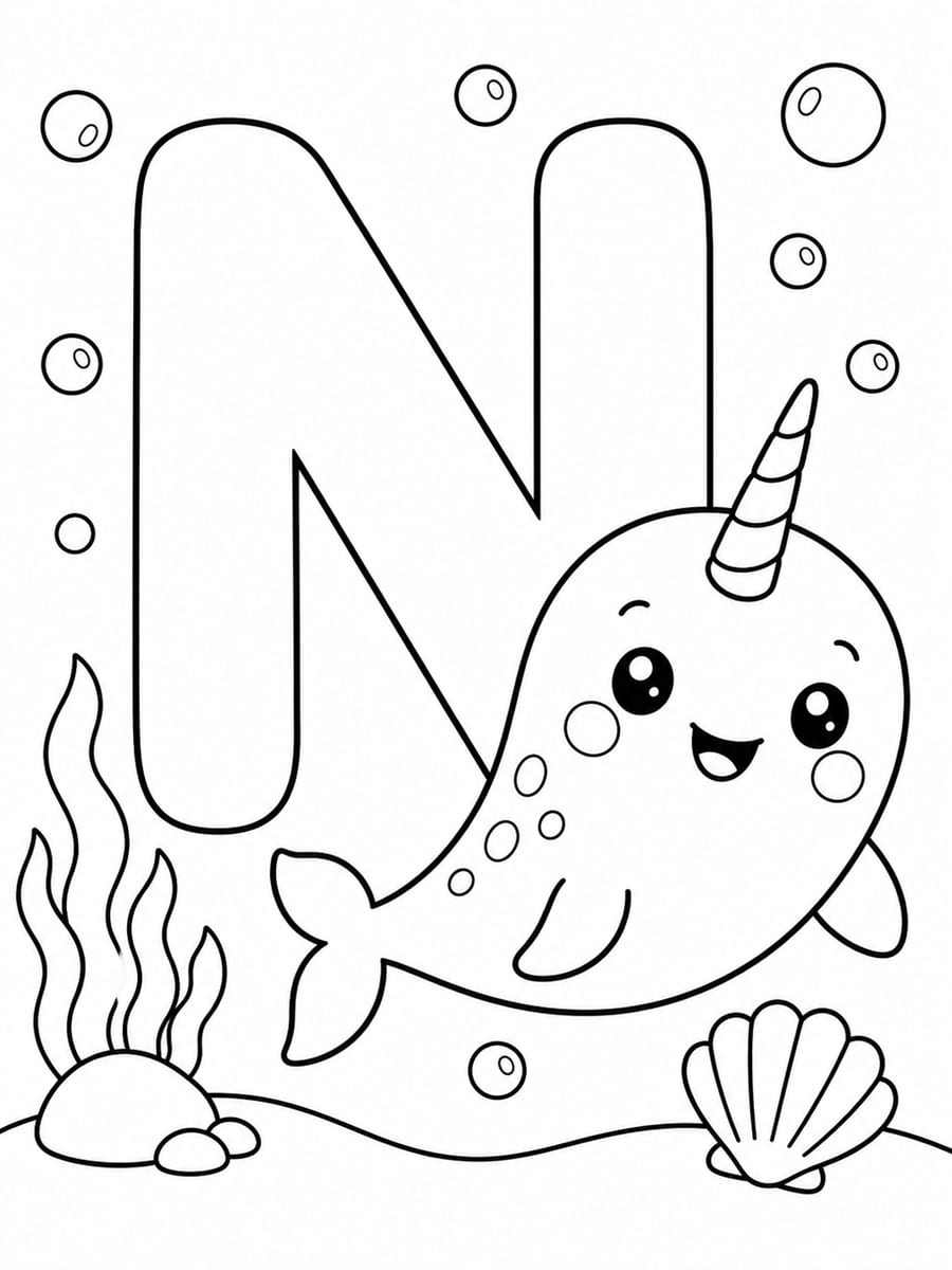 Coloriage lettre N avec narval