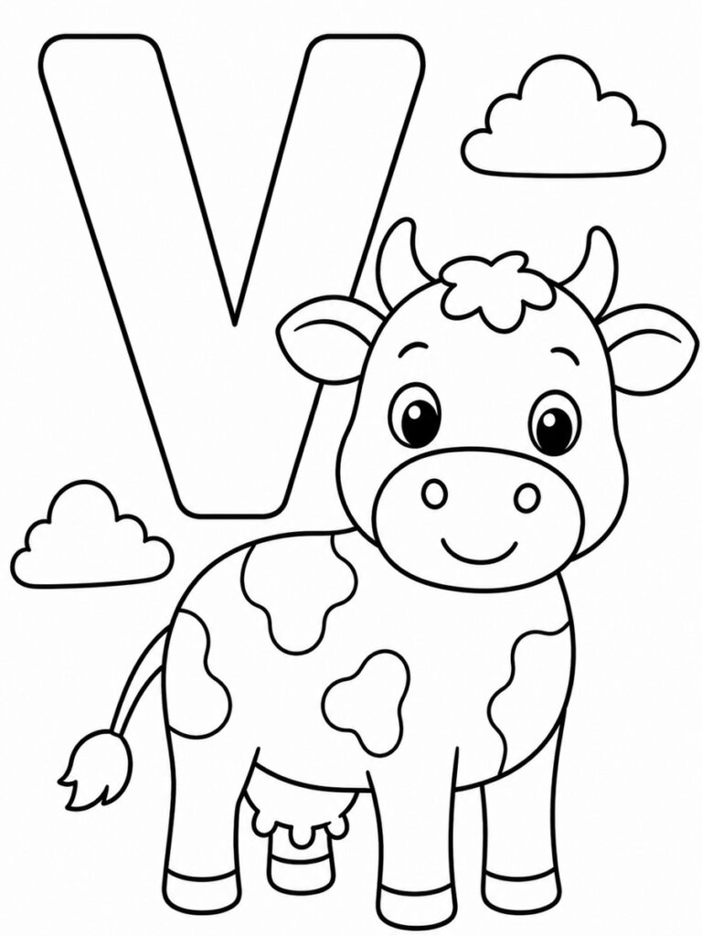 Lettre V avec vache Coloriage lettre V avec vache