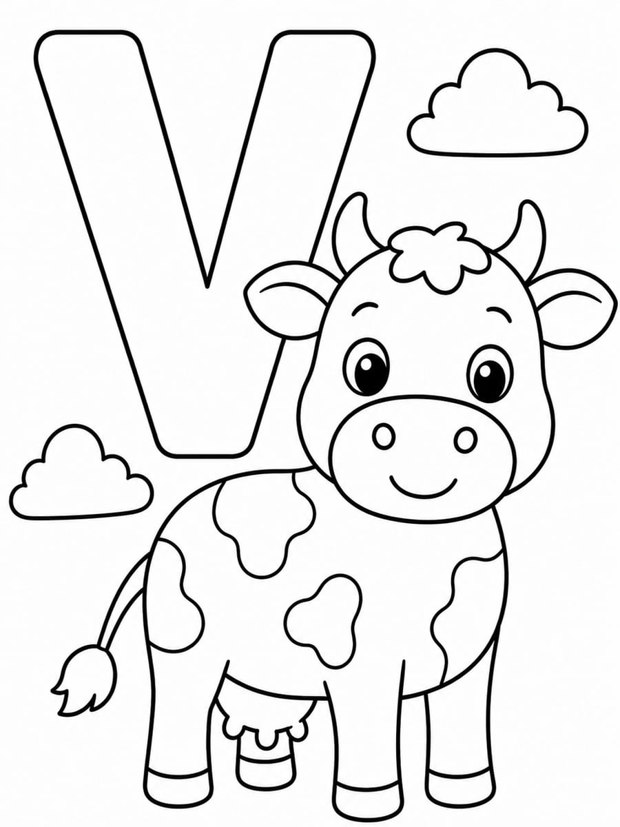 Coloriage lettre V avec vache