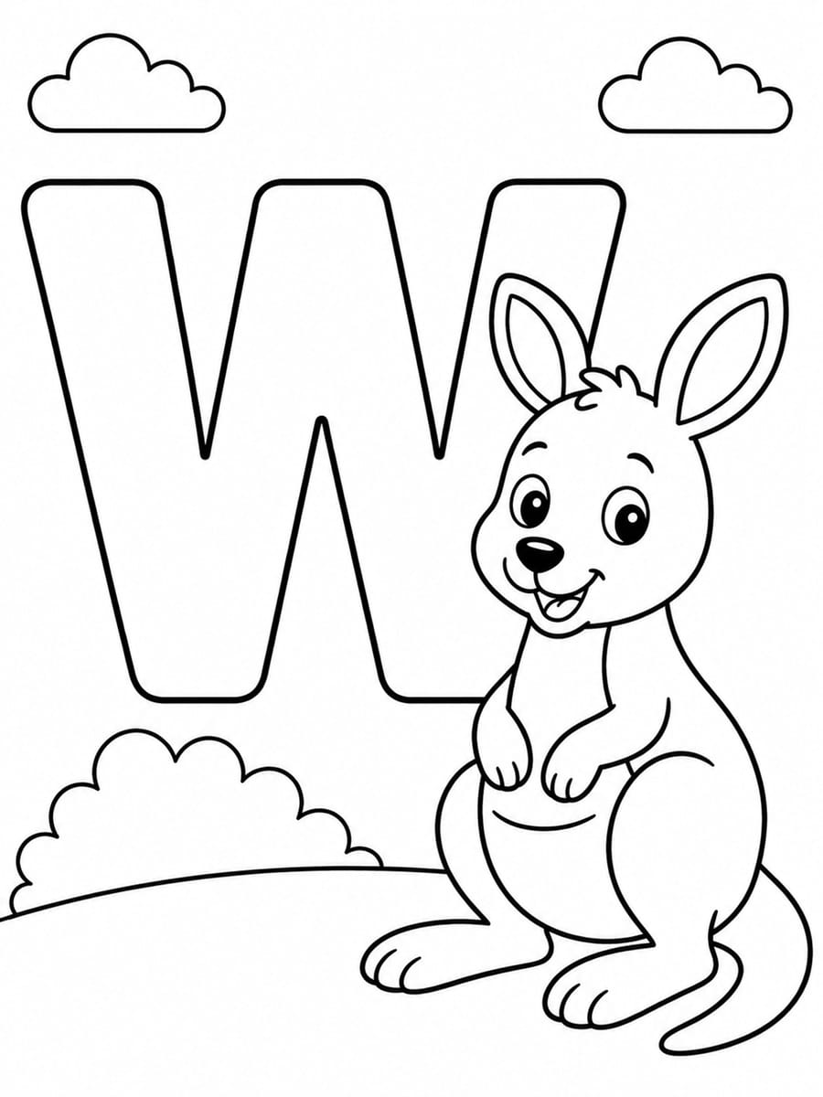 Coloriage lettre W avec wallaby