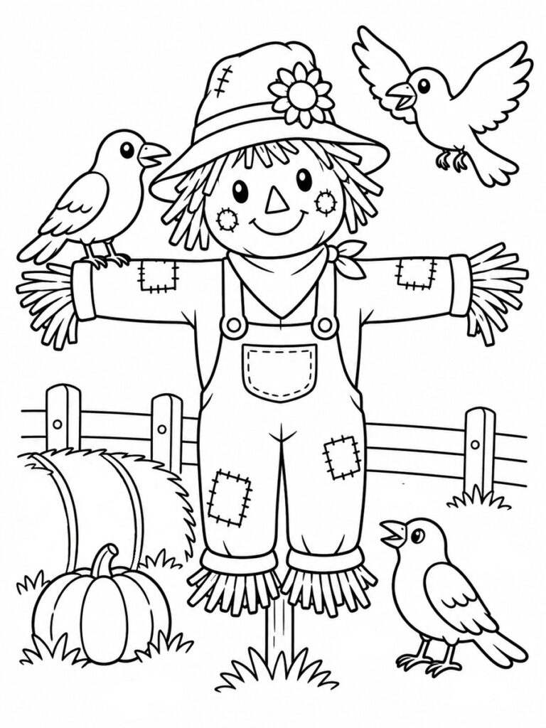 Épouvantail et corbeaux Coloriage épouvantail et corbeaux