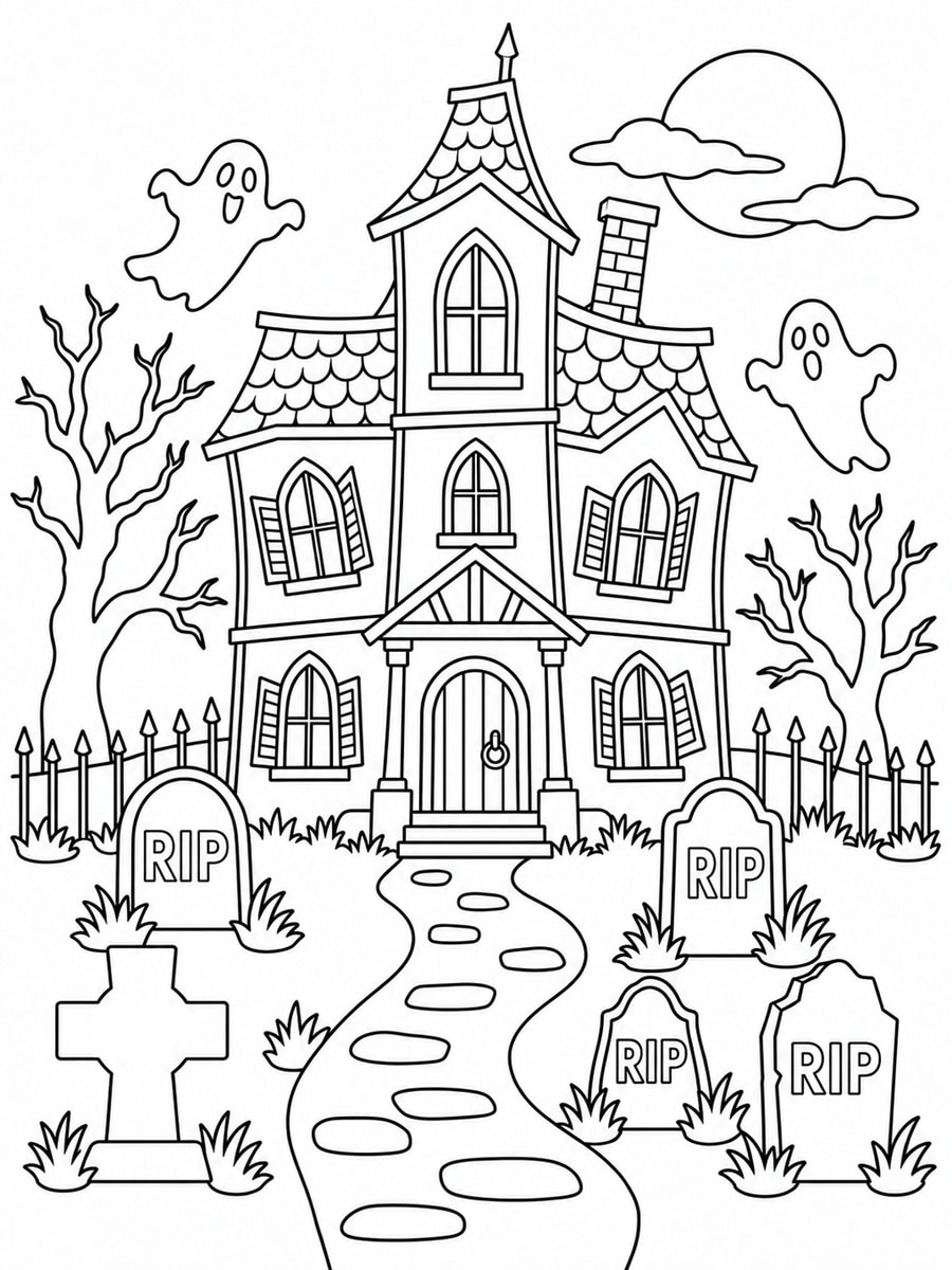 Coloriage maison hantée et tombes