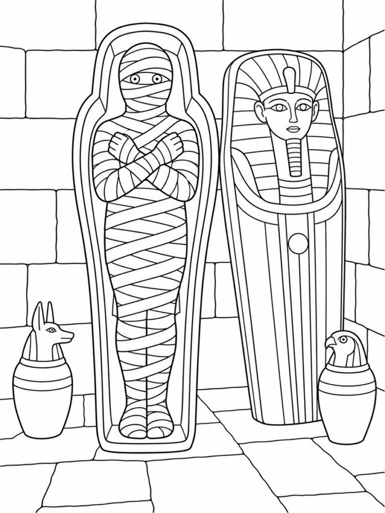 Momie dans un sarcophage Coloriage momie sarcophage