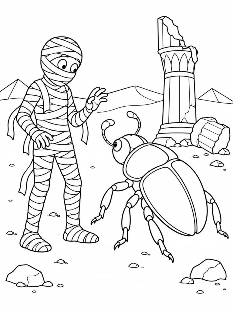 Coloriage momie et scarabée géant