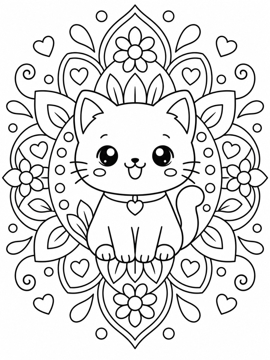 coloriage mandala chat kawaii