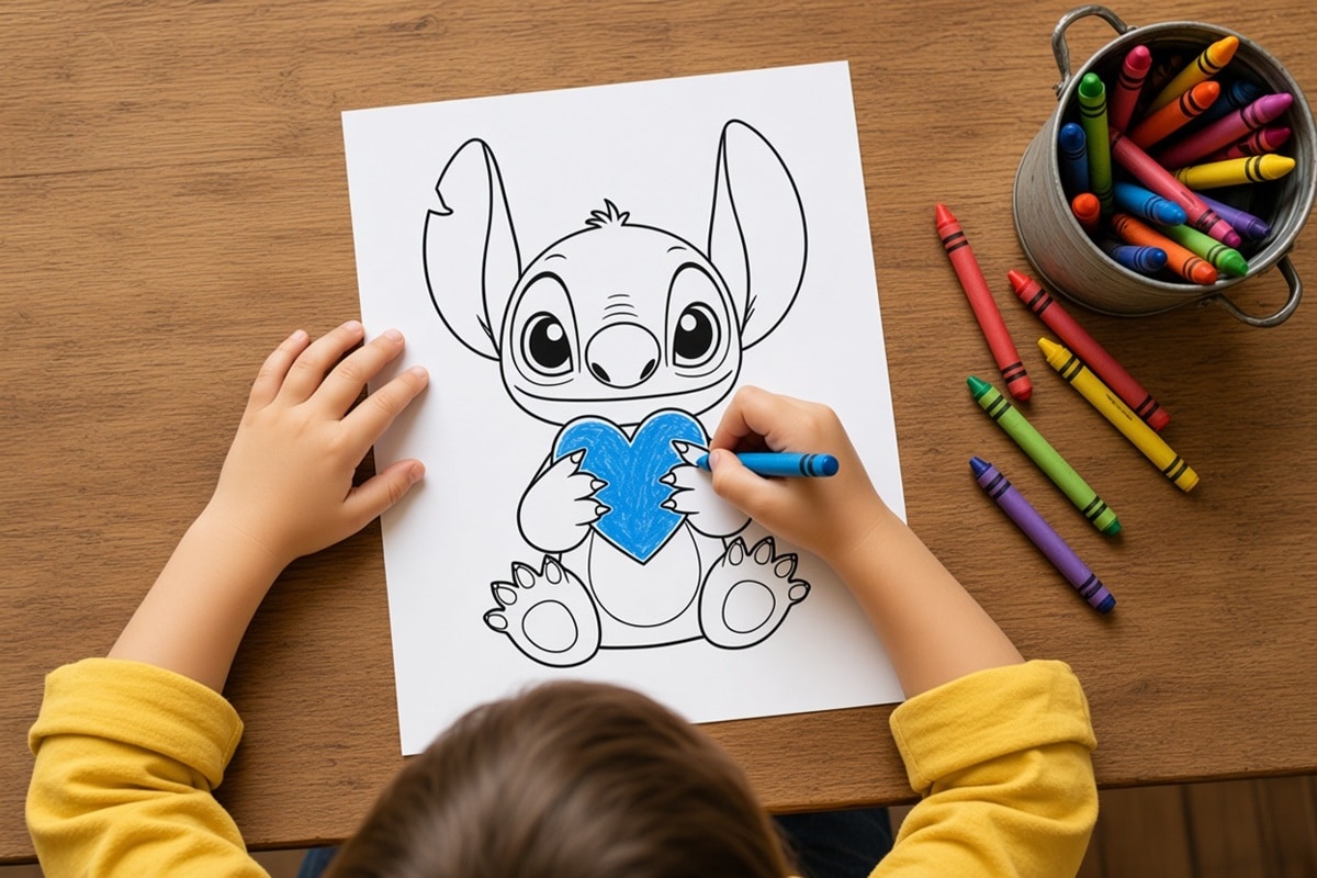 Léa, 5 ans, et son Stitch amoureux colorié avec des pastels en septembre 2026