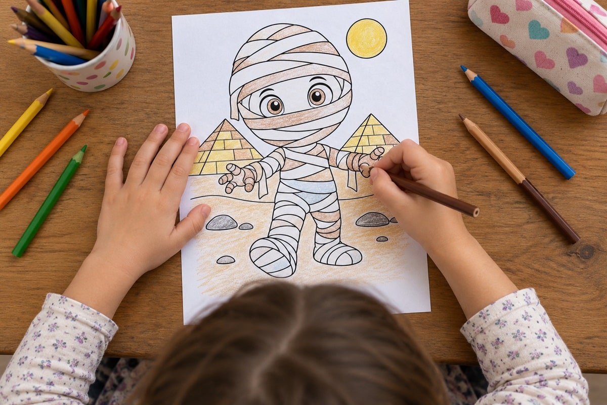Léa coloriant son dessin de momie le 30 septembre 2026