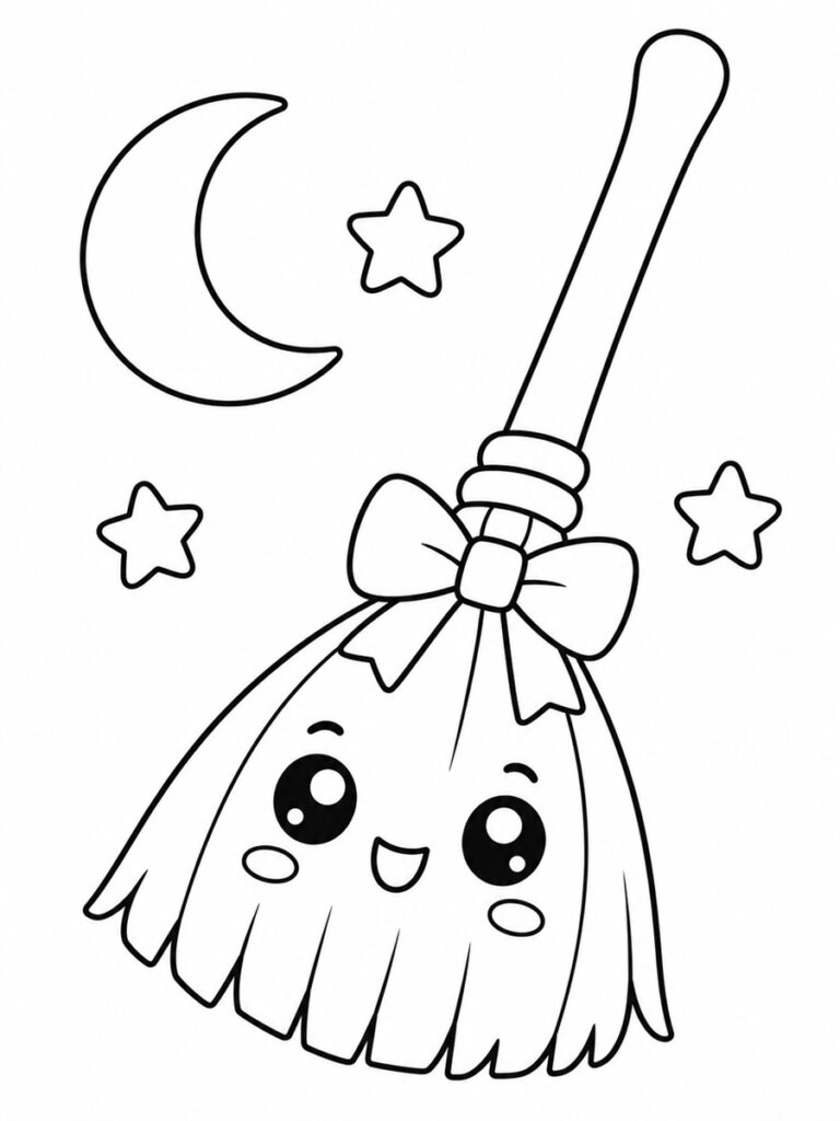 Coloriage balai de sorcière kawaii