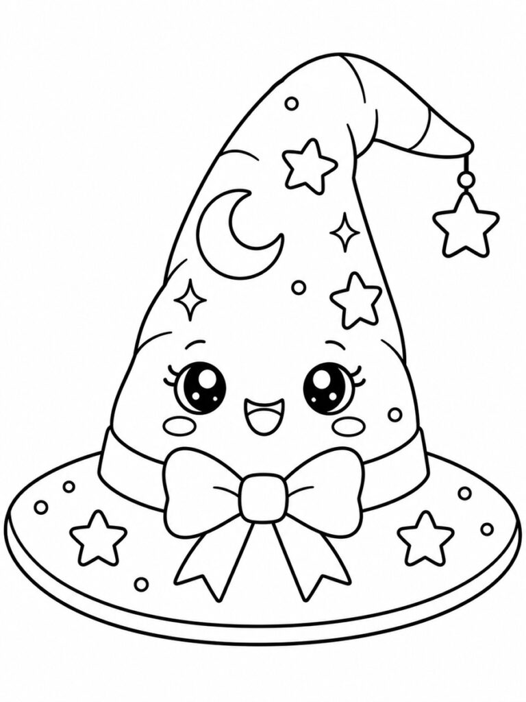Coloriage chapeau de sorcière kawaii