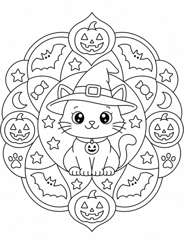Coloriage chat d'Halloween mandala