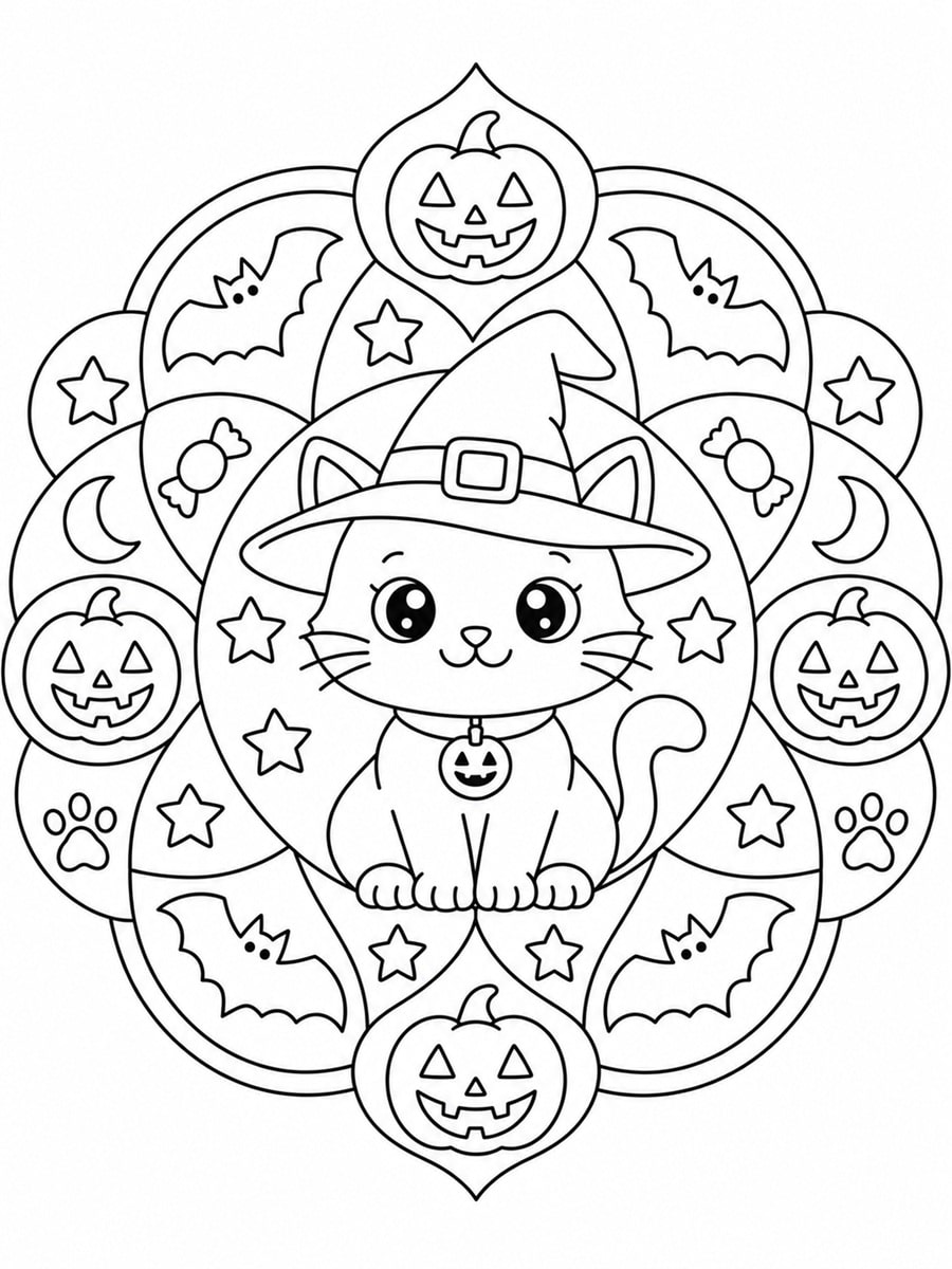 Coloriage chat d'Halloween mandala