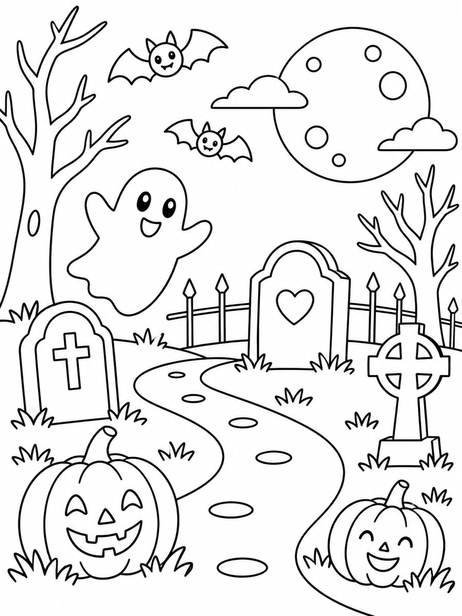 Coloriage cimetière d'Halloween