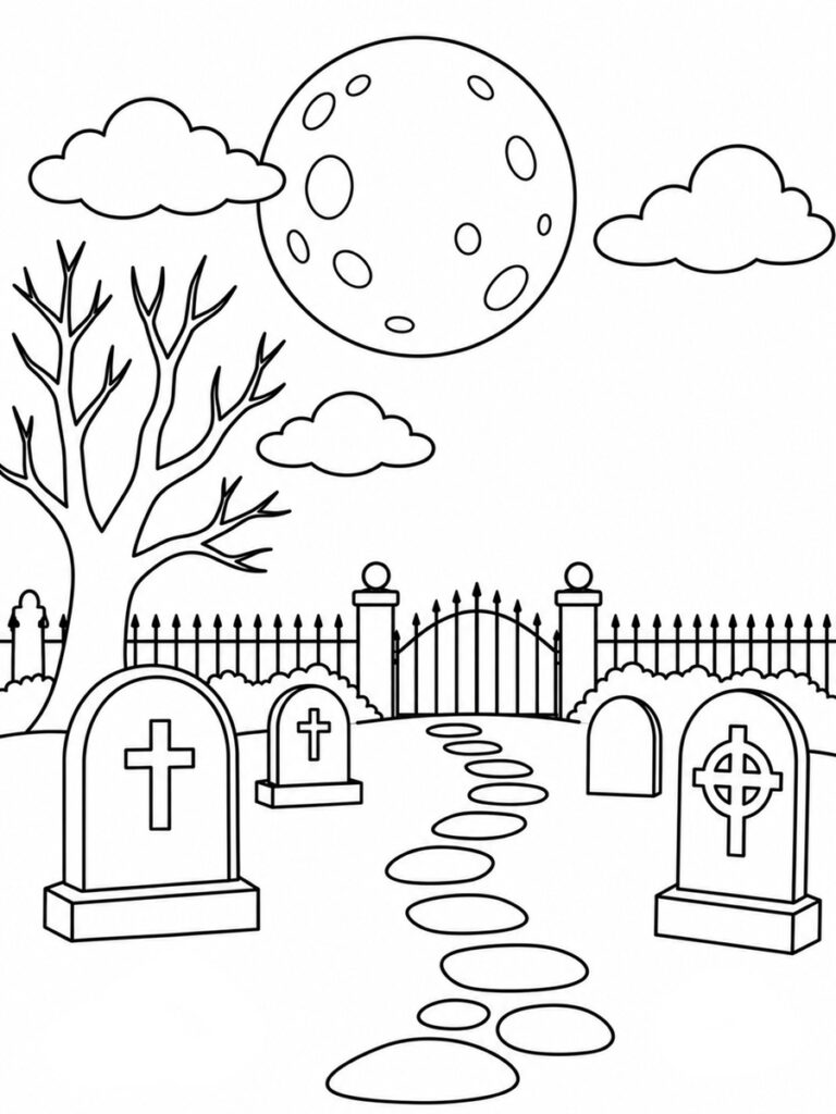 Cimetière sous la lune Coloriage cimetière sous la lune