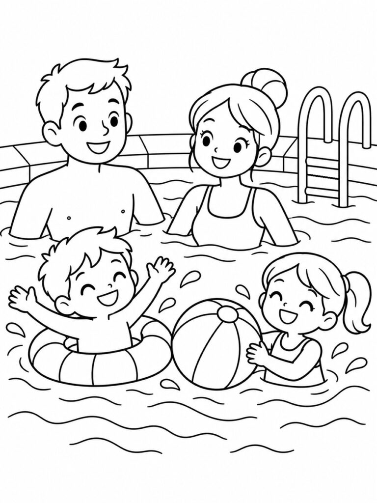 Famille à la piscine Coloriage famille à la piscine