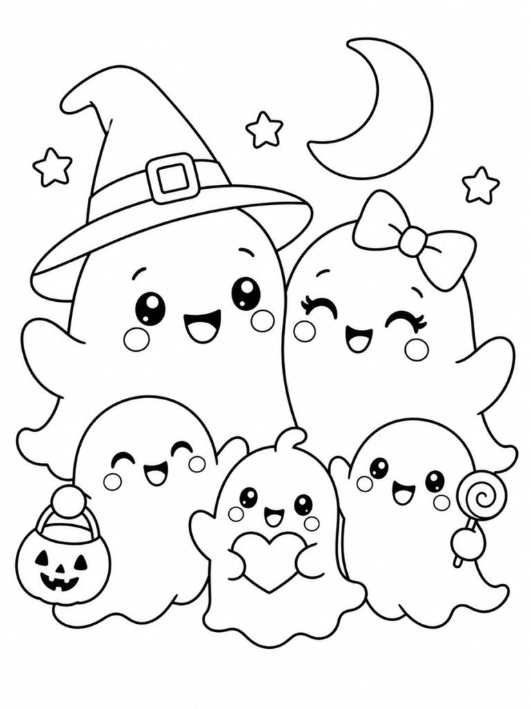 Famille de fantômes kawaii Coloriage famille de fantômes kawaii