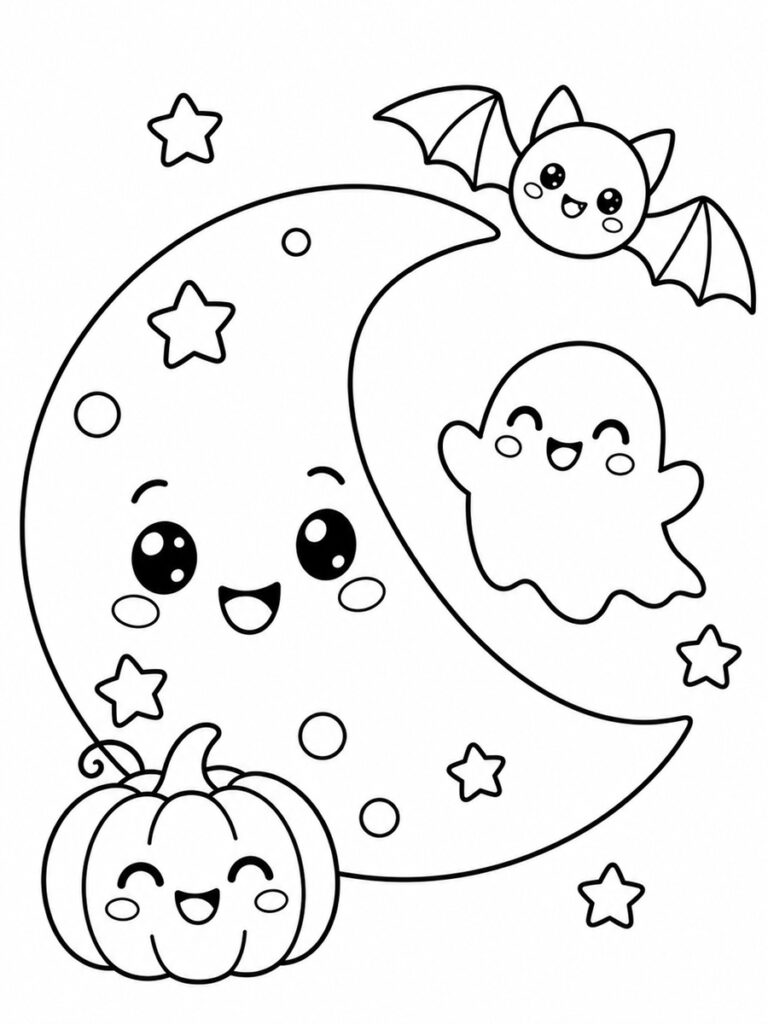 Coloriage lune d'Halloween kawaii