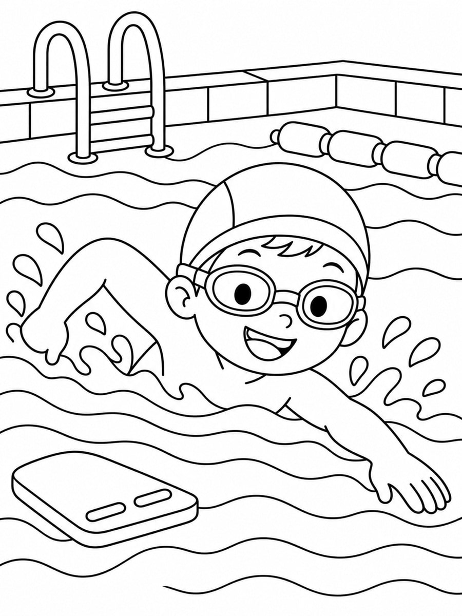 Coloriage nageur à la piscine