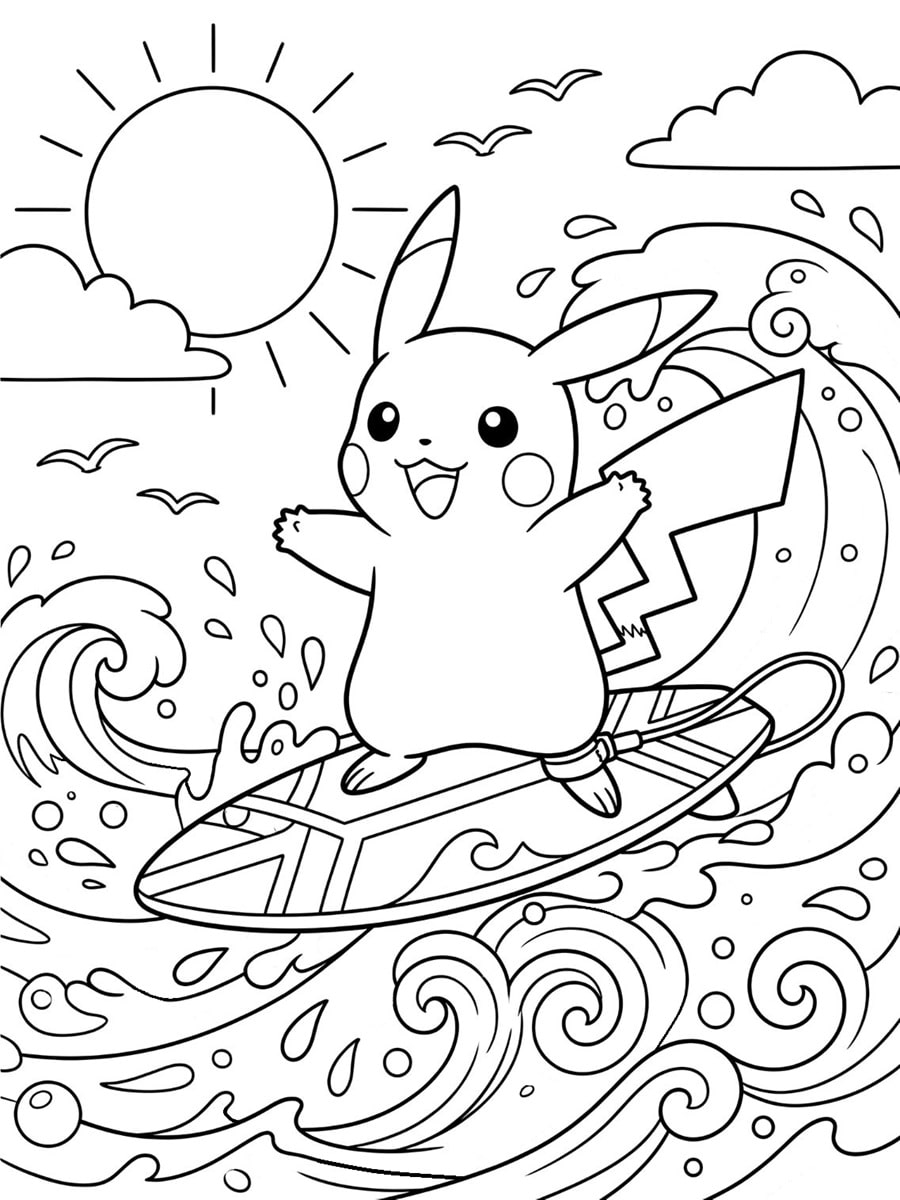 Coloriage pikachu surfeur