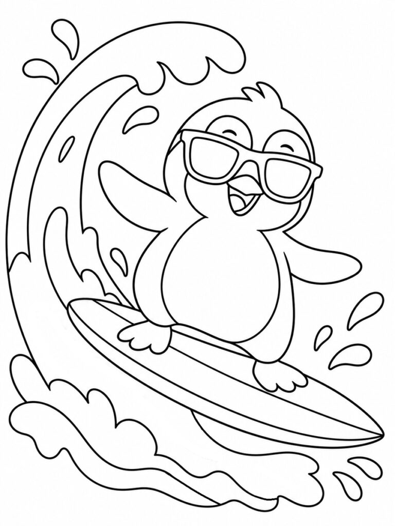 Coloriage pingouin qui fait du surf