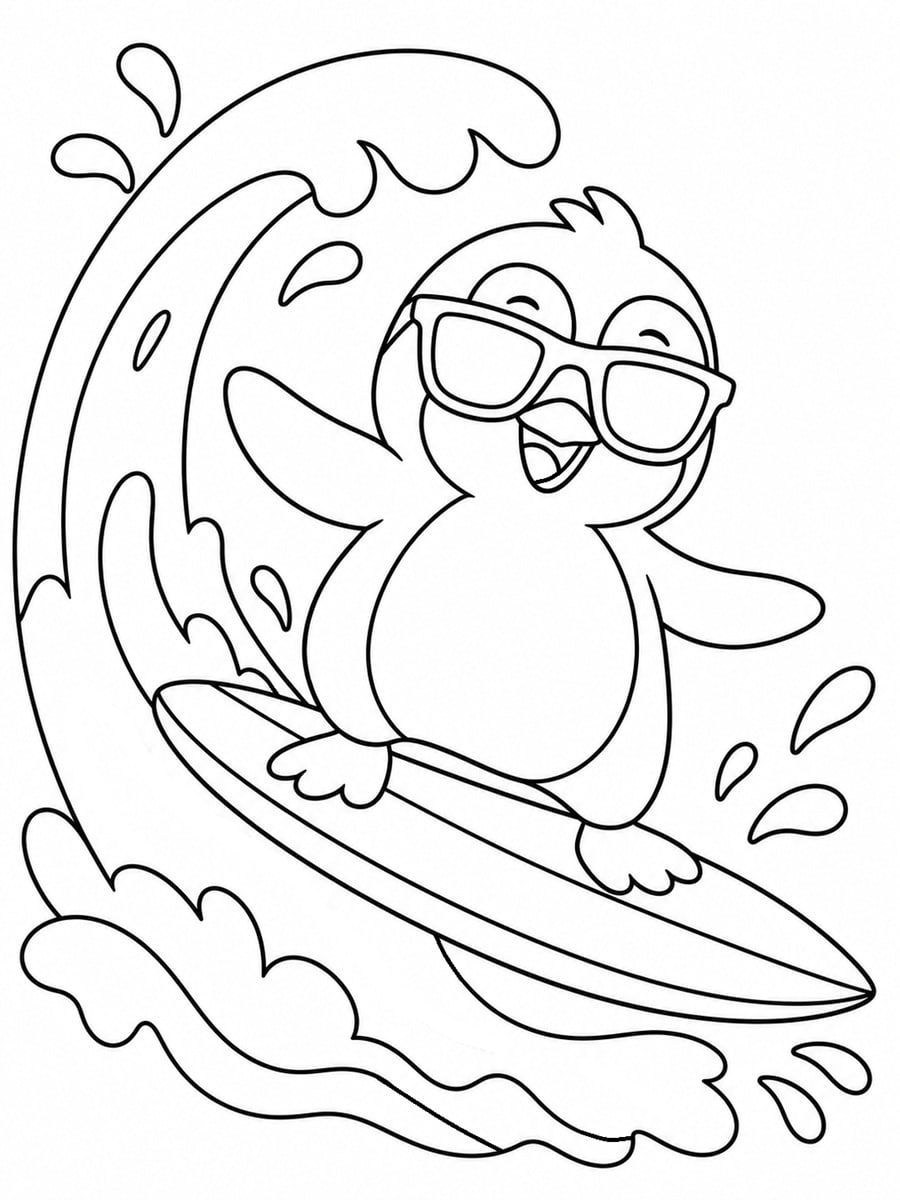 Coloriage pingouin qui fait du surf