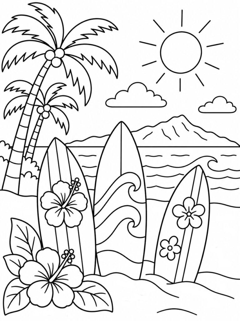 Coloriage plage surf