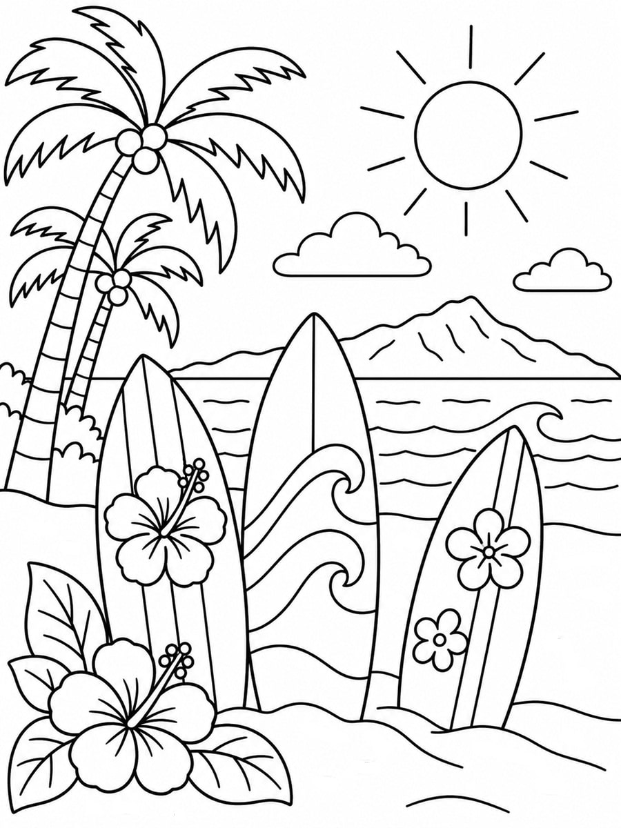 Coloriage plage surf