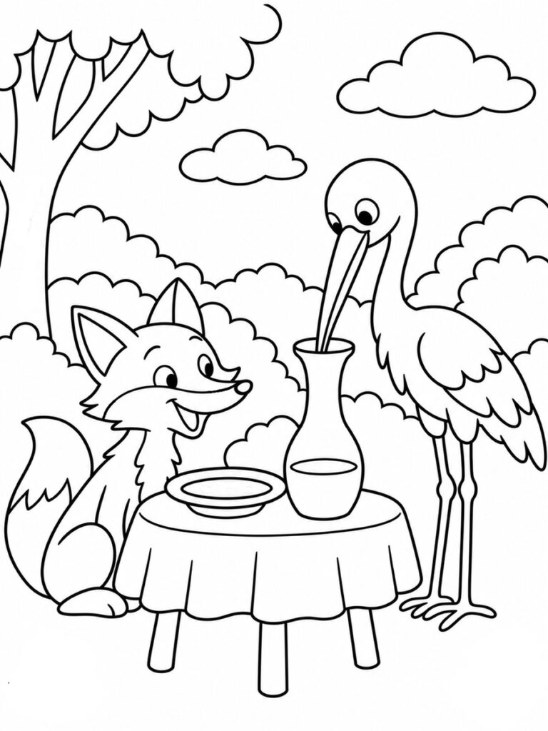 Coloriage renard et cigogne